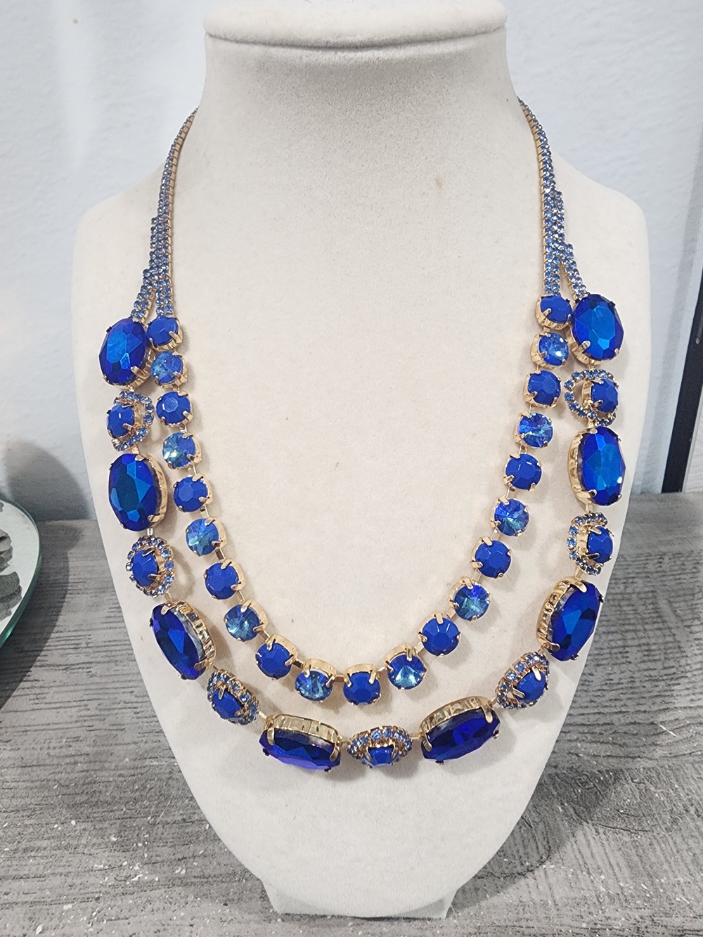 Gold-Plated Statement Necklace with Royal Blue Crystals